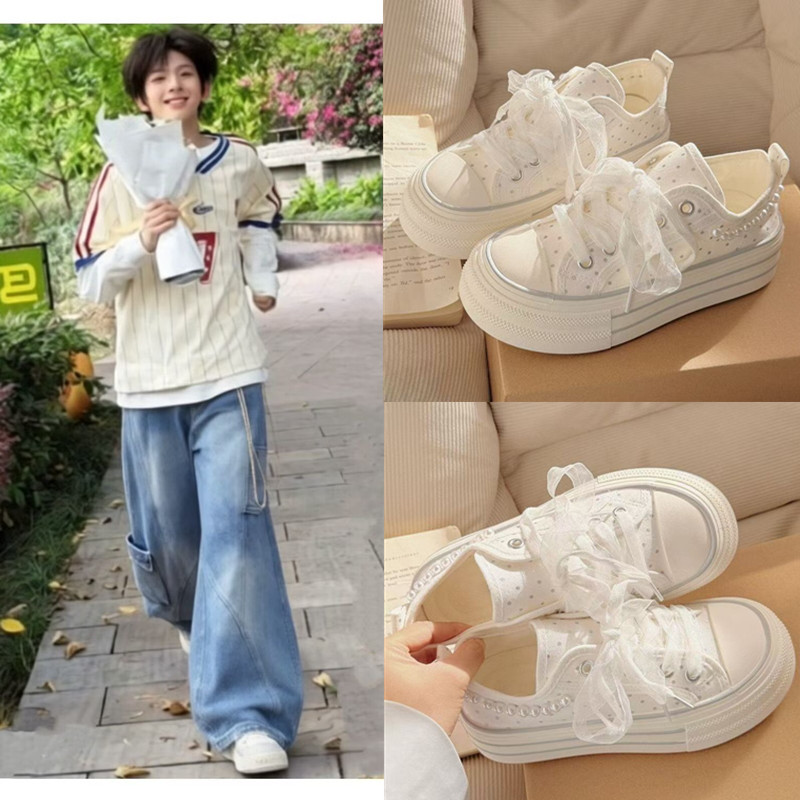 TF家族4代陈浚铭同款帆布鞋厚底增高珍珠装饰低帮板鞋百搭休闲鞋