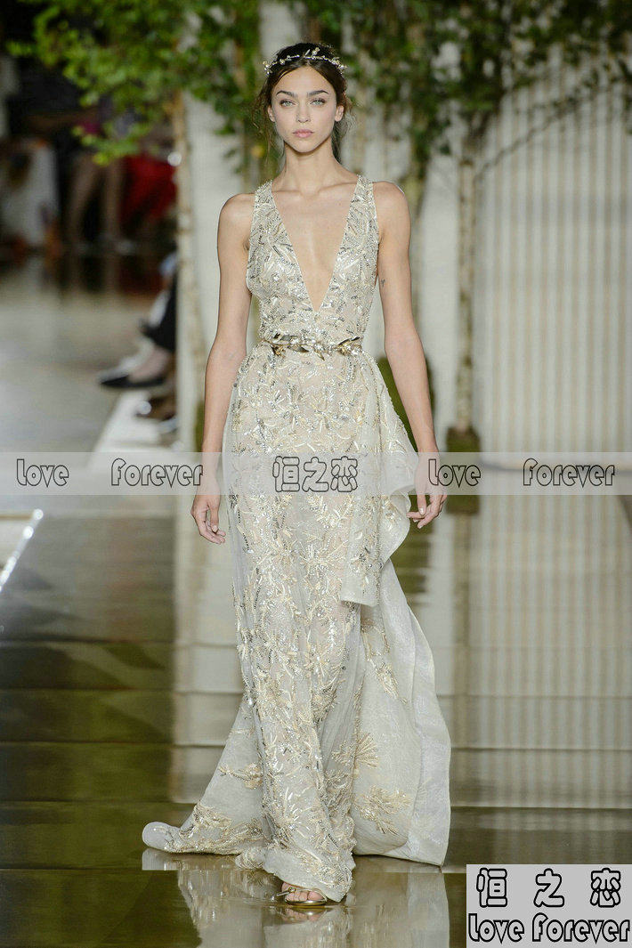 2017秋冬最新款zuhair murad 性感深V领无袖长款齐地修身晚装礼服
