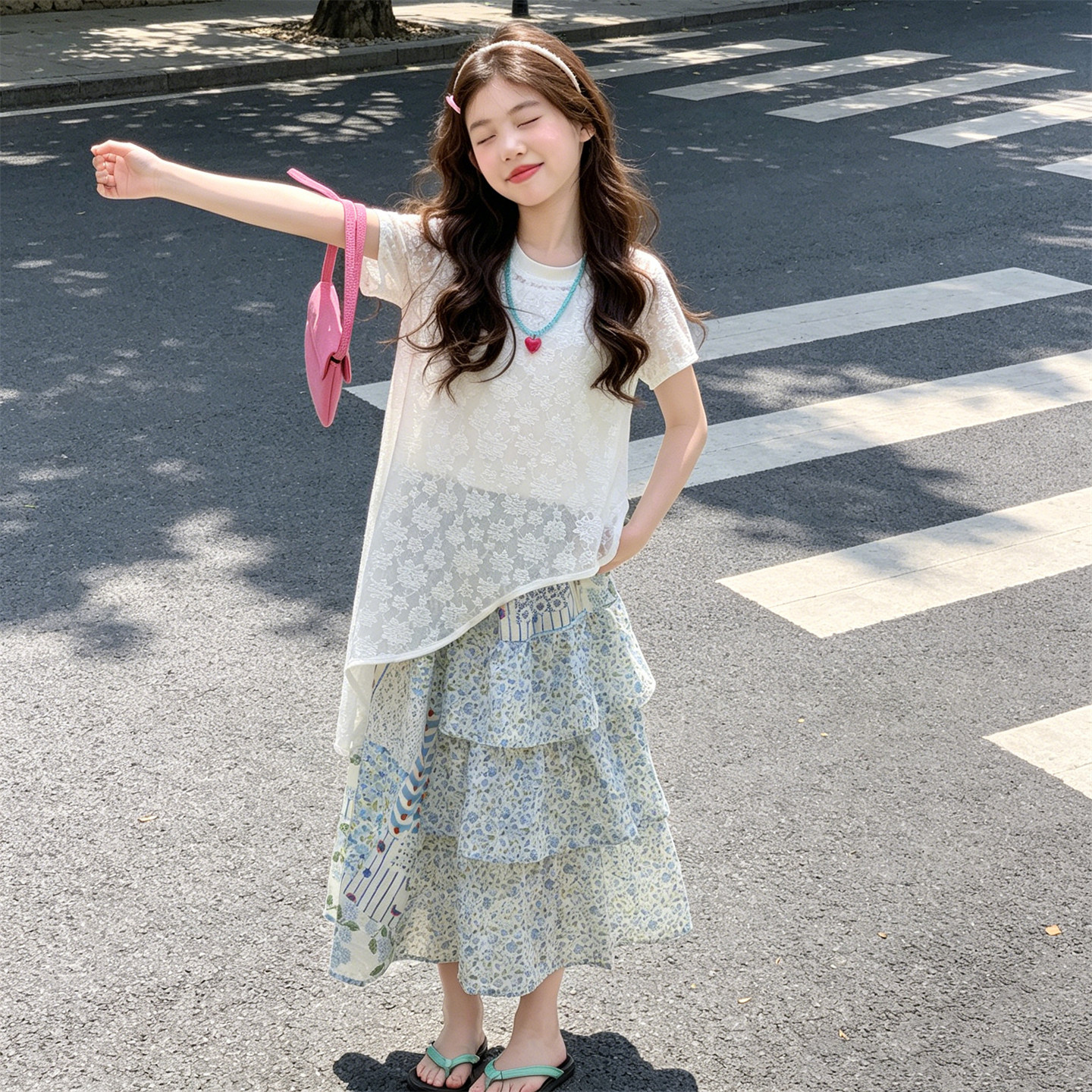 元气轻活风女童夏季蕾丝罩衫碎花裙两件套洋气中大童套装