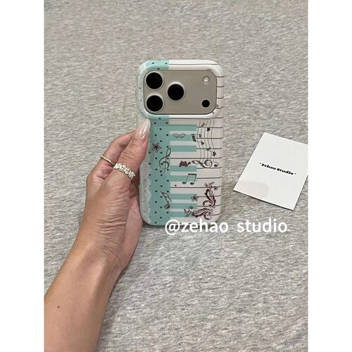 ins古早薄荷绿小猫咪钢琴适用于苹果17pro双层16磨砂15防摔手机壳17pro双层iphone16卡通iPhone17苹果15pro
