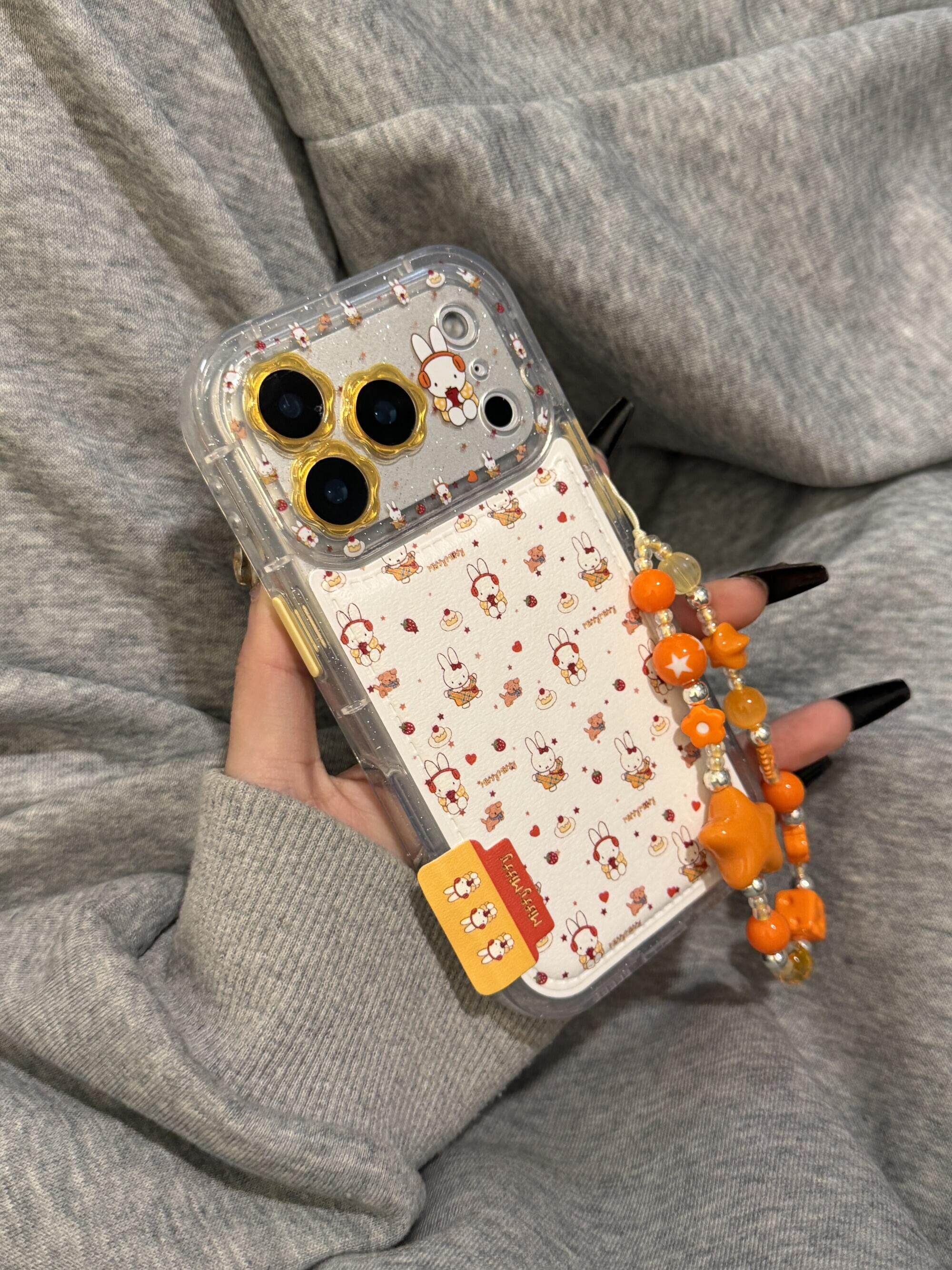 皮纹白底橙色米菲带耳机17pro手机壳ins17promax保护iphone15女款16pro双层iphone16卡通iPhone17苹果15pro