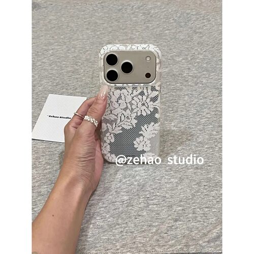 法式镂空白蕾丝花朵适用苹果17pro双层iphone16亮面15镜面手机壳17pro双层iphone16卡通iPhone17苹果15pro