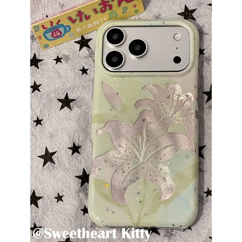 镭射闪粉绿色百合花简约ins手机壳17promax保护iphone15女iPhone16pro双层iphone16卡通iPhone17苹果15pro