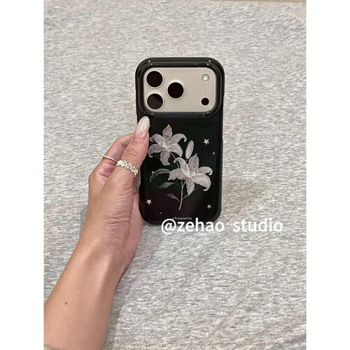 韩系黑底水墨百合星星适用苹果17p双层iphone16亮面15防摔手机壳17pro双层iphone16卡通iPhone17苹果15pro