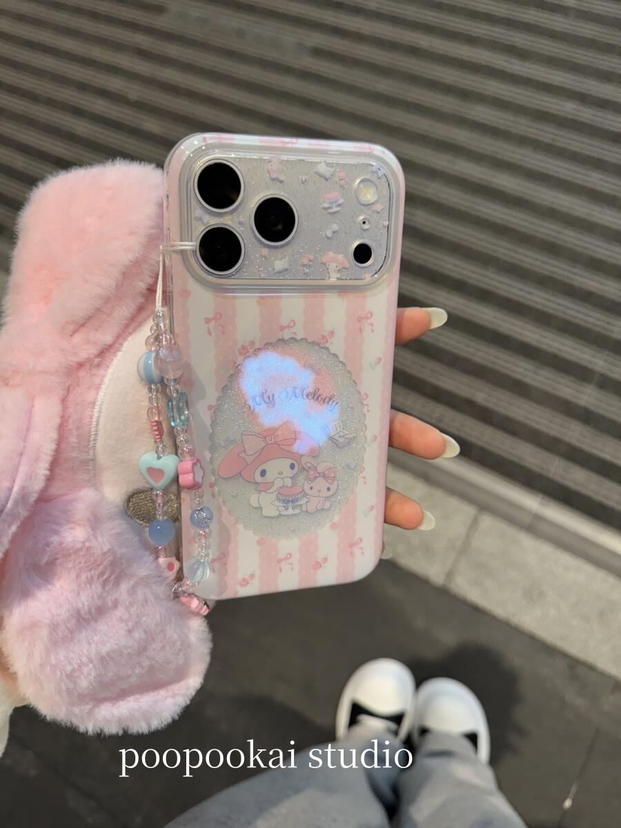 粉色条纹椭圆镂空美乐蒂韩系ins风17pro手机壳17promax保护iphone15女款16pro双层16卡通iPhone17苹果15pro