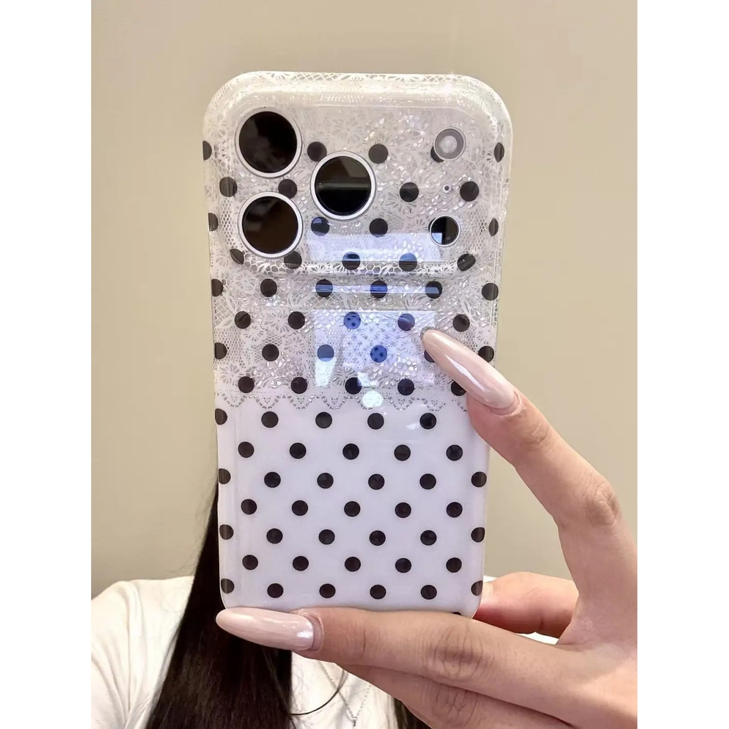 白底黑波点银蕾丝花纹简约ins手机壳17promax保护苹果17pro女iPhone16pro双层iphone16卡通iPhone17苹果15pro