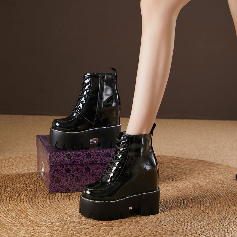 震地王超高内增高13cm女鞋加厚2025秋冬季厚底马丁靴坡跟漆皮靴子