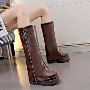 震地王超高跟12CM马丁靴女高筒靴2025冬季 管靴子 厚底内增高酷飒裤