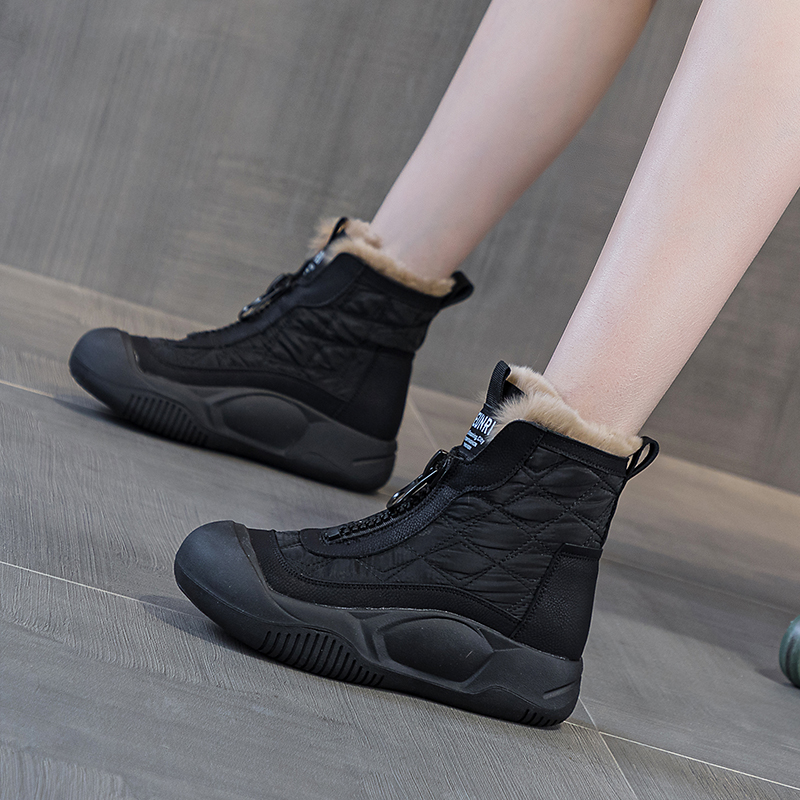 真毛雪地靴女2024网红爆款皮面女鞋松糕厚底百搭休闲时尚老爹鞋