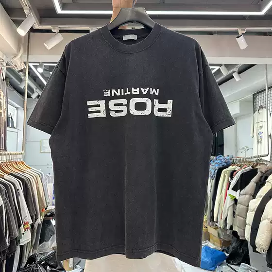European and American High Street Creative Reverse Lettering English Print Heavy Washed Unisex Loose Retro Distressed Short-Sleeve T-Shirt Trendy