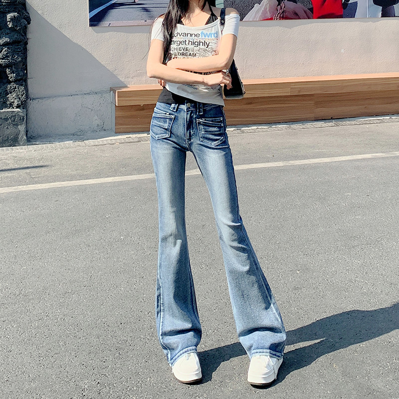 水洗低腰微喇叭牛仔裤女2026春季新款美式设计感修身辣妹马蹄长裤