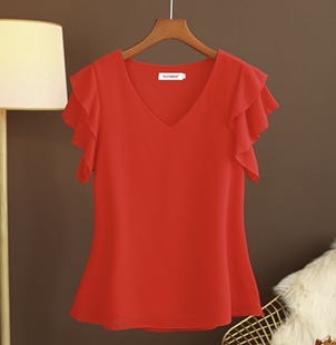2026新款 宽松v领短款 t恤时尚 雪纺衫 半袖 夏季 洋气小衫 上衣女 女短袖
