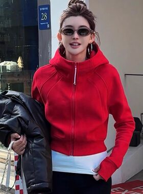 婉君拉链连帽短款卫衣外套女2024冬季新款修身加绒加厚开衫上衣潮