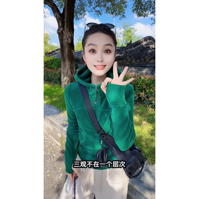 加厚双面德绒半拉链连帽保暖卫衣女2025秋冬新款时尚今年流行上衣