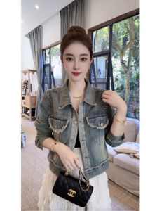 欧货复古水洗毛边钉珠牛仔外套女2024春夏新款时尚港风显瘦短上衣
