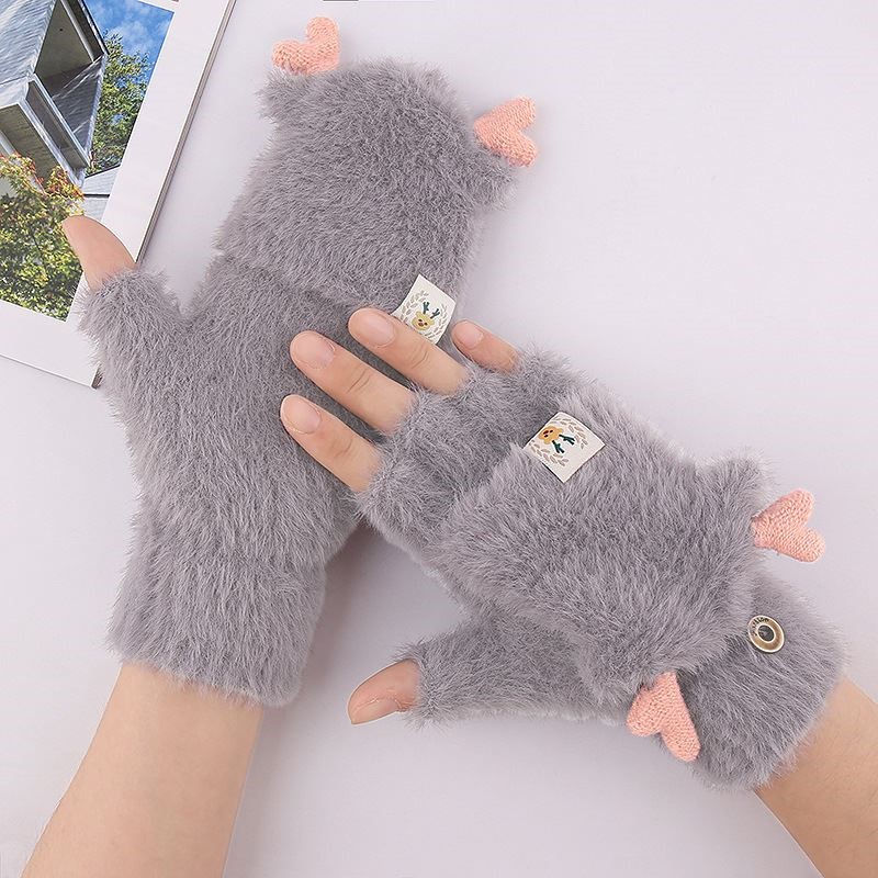 冬季男女半指翻盖手套貂绒针织毛线加绒加厚手套加绒保暖写字办公