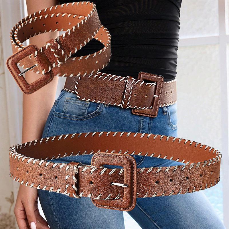新款棕色皮革宽腰带女复古时尚手工编织辑线装饰皮扣皮带百搭设计