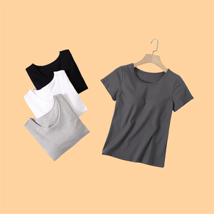 上衣 宽松加大瑜伽打底修身 带胸垫短袖 女t恤夏免文胸bra纯棉半袖