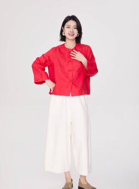 ZBY原创2026春季新款时尚文艺圆领套头宽松休闲麻料上衣女55011