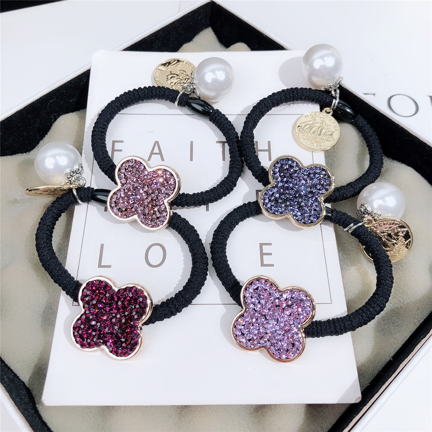 韩国进口水钻发圈彩色满钻水晶花朵头绳高弹力珍珠吊坠橡皮筋发绳