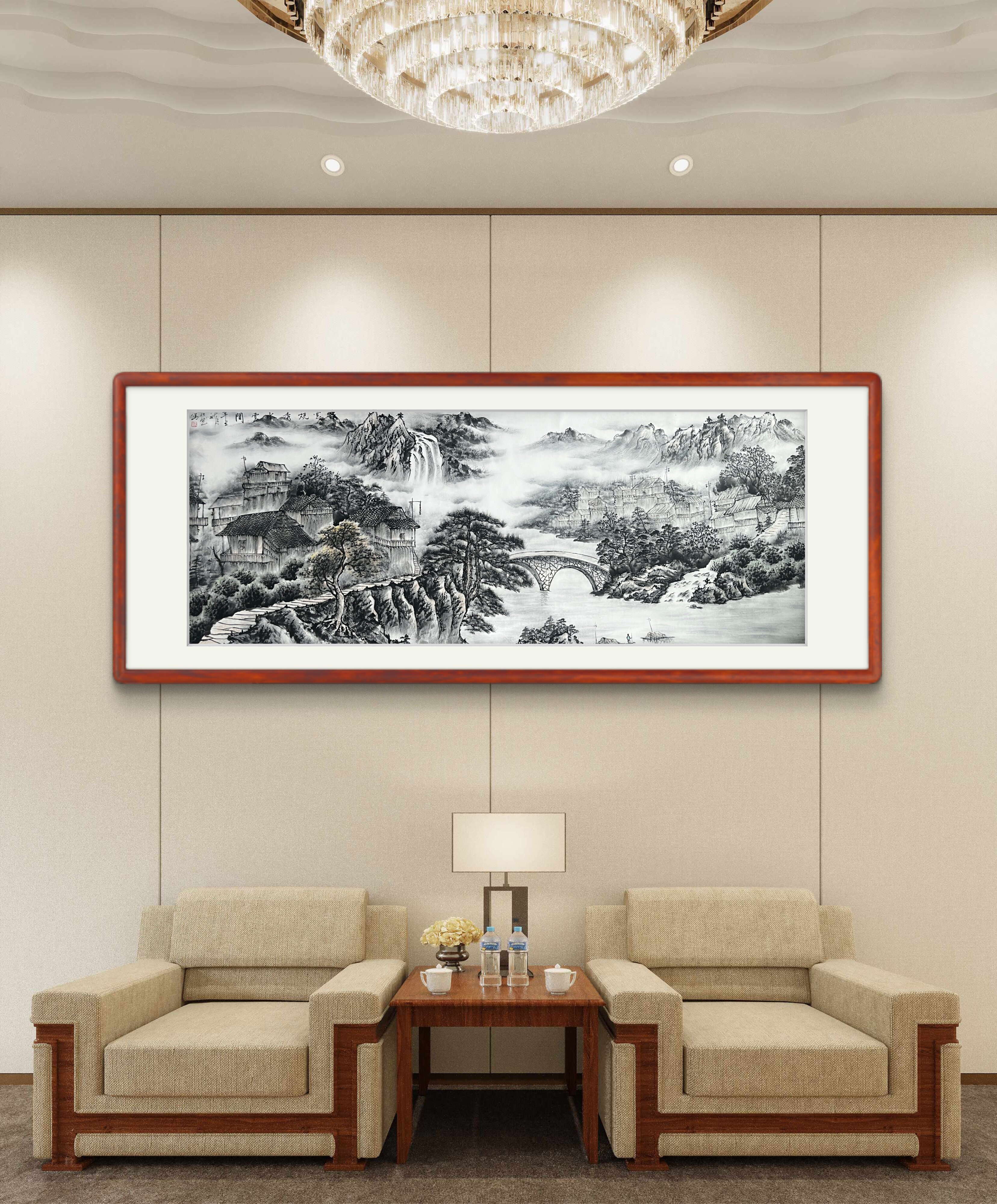 客厅挂画国画山水靠山画峰云竟秀图推荐收藏定制实木装裱双旦特惠