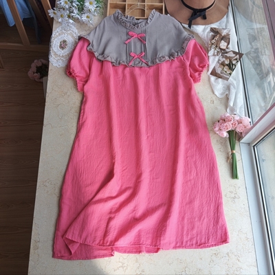 外贸日单大码棉麻 宫廷风木耳边蝴蝶结宽松中长款粉色连衣裙