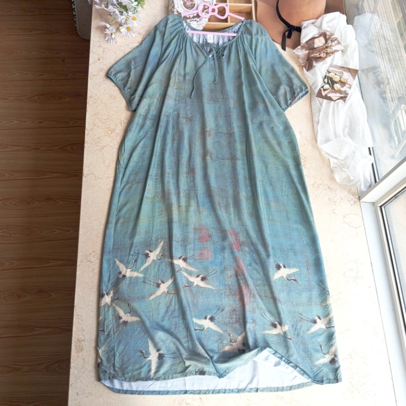 绵绸宋飞鹤图国画宫廷风大码宽松旅游袍子过膝中长款连衣裙
