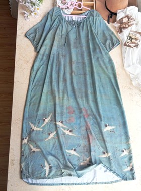绵绸宋飞鹤图国画宫廷风大码宽松旅游袍子过膝中长款连衣裙