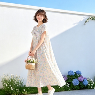 港风春田花花双层纱感软绵绵日式碎花大码宽松森系文艺显瘦长袍子