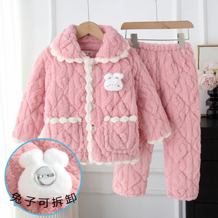 冬季儿童加厚睡衣女童三层夹棉法兰绒家居服套装宝宝男孩加绒保暖