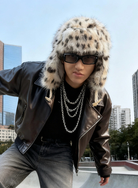 山猫豹纹2026秋冬新款加厚保暖时尚男士帽子毛绒耳朵护耳时尚帽子