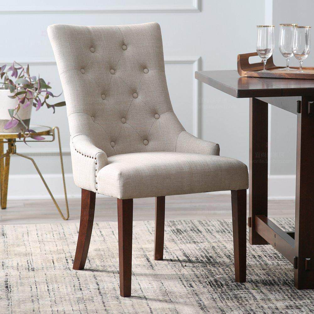 现货美式乡村布艺拉扣餐椅新古典实木餐椅软包单人休闲椅书房椅子