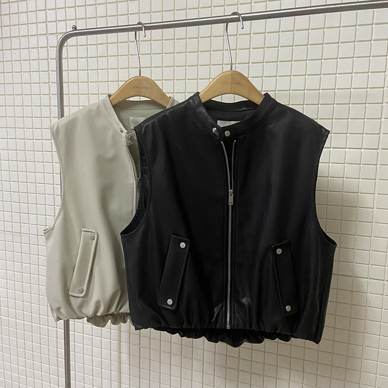 2025秋季新品韩版宽松休闲时尚百搭气质机车服无袖皮衣马甲背心女