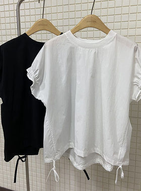 花苞袖下摆抽绳圆领上衣女2025夏新款褶皱木耳边设计小众短袖衬衫
