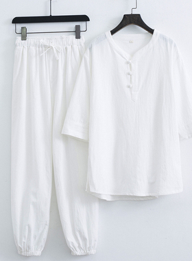 春夏季新款海青居士男女套装打坐白色棉麻道服佛系禅修服大码禅意