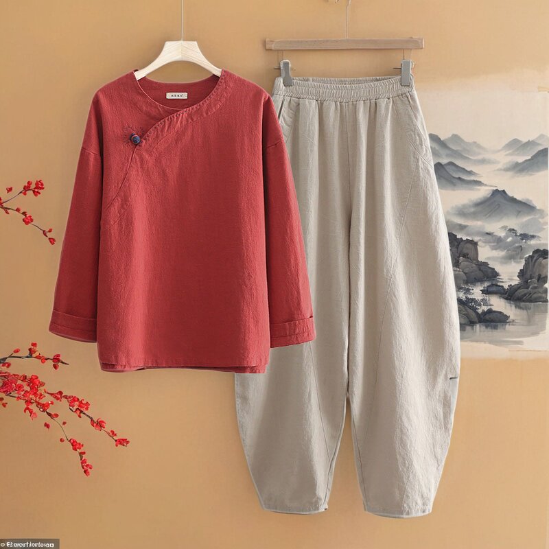 春秋棉麻禅修服女套装