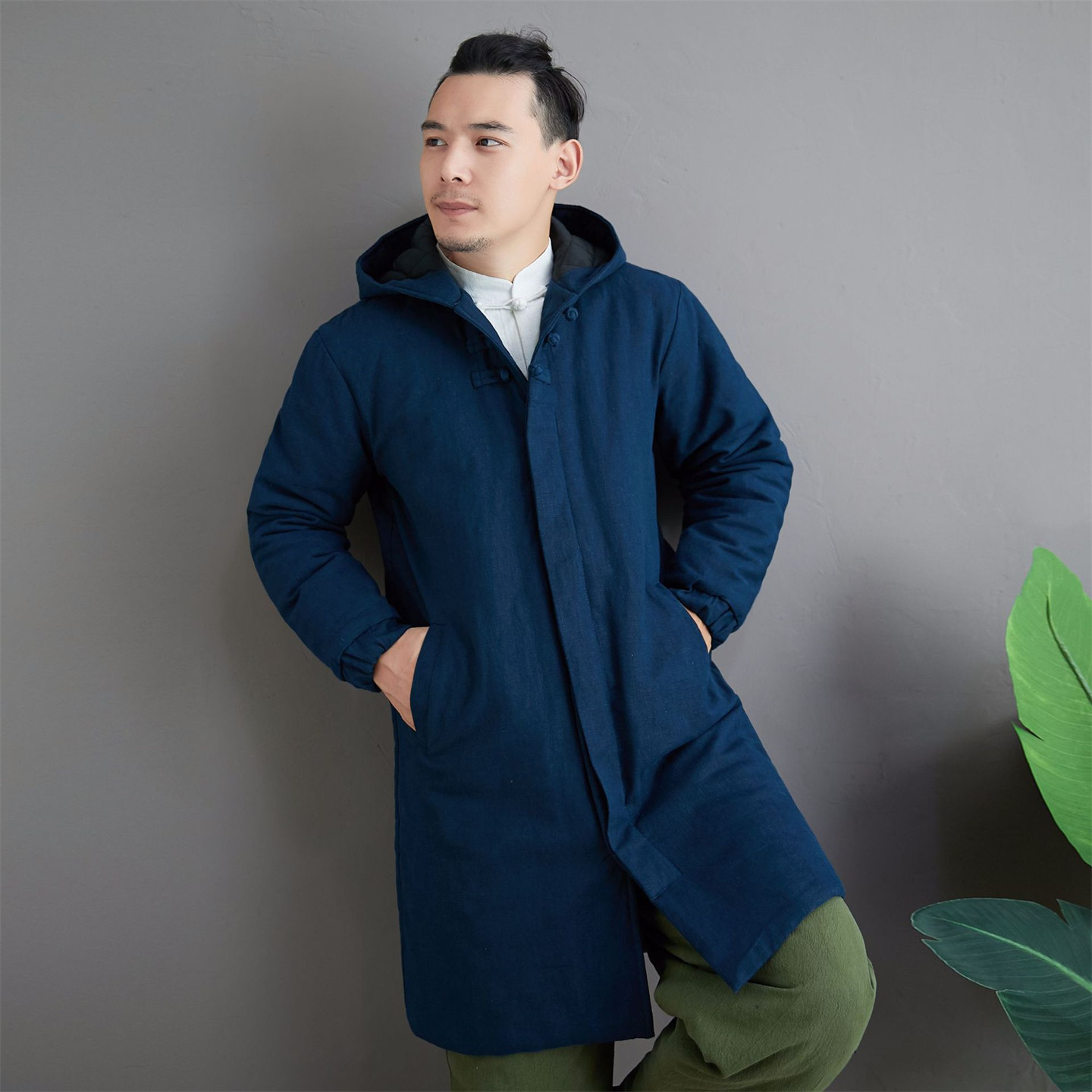 中式复古民族风三扣带帽棉衣苎麻男式棉服宽松休闲款棉袄国风棉衣
