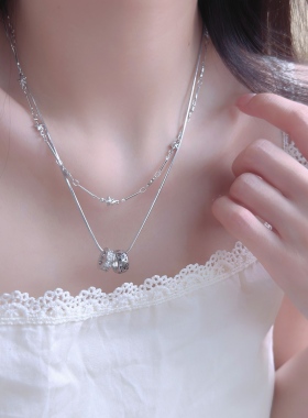 双层叠戴星星小蛮腰锆石蝴蝶吊坠项链女小众精致简约百搭锁骨链潮