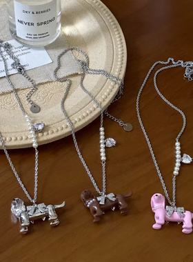 新款赵露思同款可爱小狗蝴蝶结爱心锆石项链女小众高级百搭锁骨链