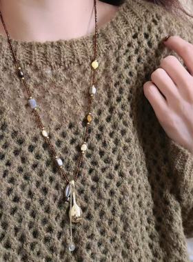金色小勺子流苏长款串珠项链女小众秋冬时尚轻奢气质百搭毛衣链