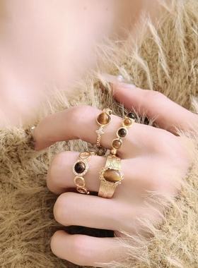 美拉德天然虎眼石锆石金色戒指精致轻奢时尚潮流百搭可调节食指戒