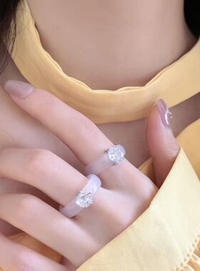 新中式天然冰透白玉髓锆石戒指女小众设计精致时尚简约百搭食指戒