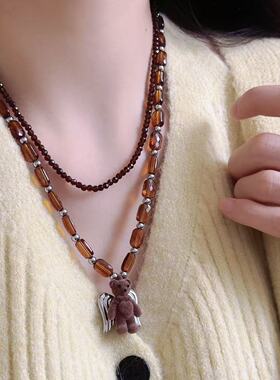 棕色植绒爱心小熊翅膀双层水晶叠戴项链女小众甜美可爱百搭锁骨链