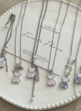 春夏爆款水晶碎石果冻小熊吊坠项链女小众清新甜美可爱百搭锁骨链