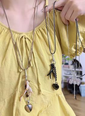 韩版多元素鹿角爱心吊坠双层叠戴项链女小众甜酷少女长款毛衣链