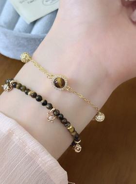 美拉德系天然虎眼石串珠土星叠戴手链女秋冬轻奢新品百搭手饰配饰