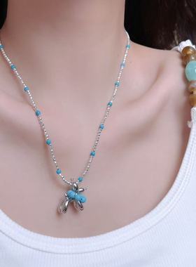 可爱蓝色珠珠气球狗吊坠碎银串珠项链女小众高级感精致可爱锁骨链