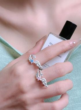 法式复古浪漫拉丝花朵珍珠戒指女轻奢高级感气质百搭开口食指戒