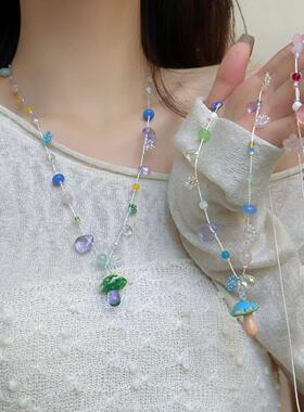 原创手作蘑菇琉璃串珠可调节绳链串珠项链女小众设计感高级锁骨链