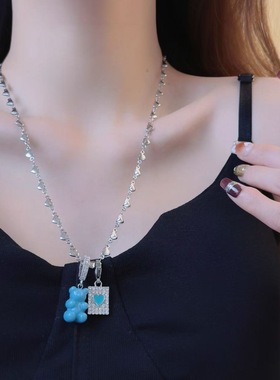 蓝色滴釉小熊爱心吊牌吊坠锁爱心链项链女小众甜酷气质百搭锁骨链